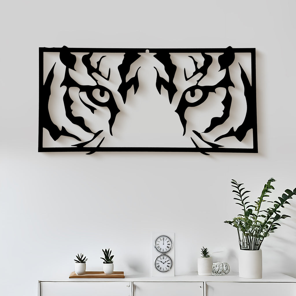 Tiger Eyes Black Silhouette Wall Art – Modern Rectangular Animal MDF Cutout Frame (40 x 20 cm)
