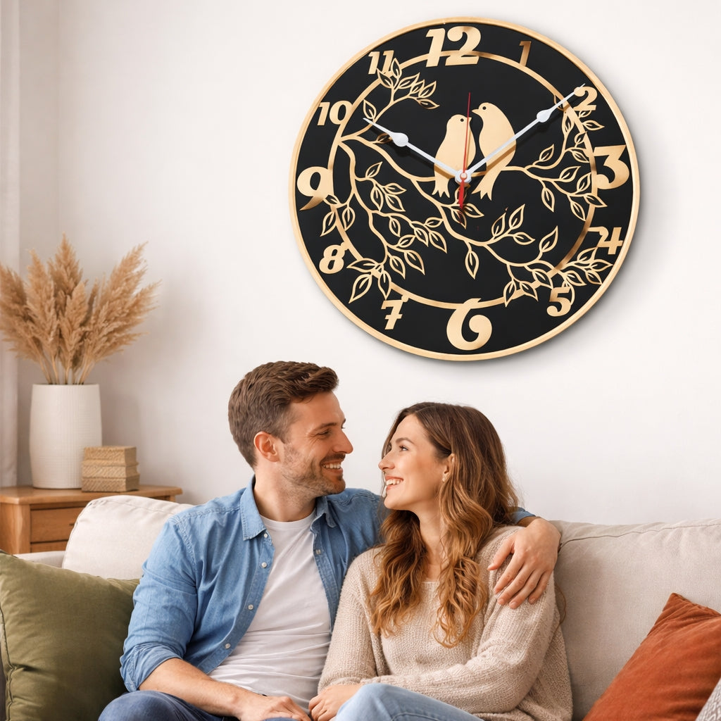 Two  Love Birds Wall Clock – Gold & Black Round Decorative Clock, 40 × 40 cm