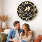 Two  Love Birds Wall Clock – Gold & Black Round Decorative Clock, 40 × 40 cm