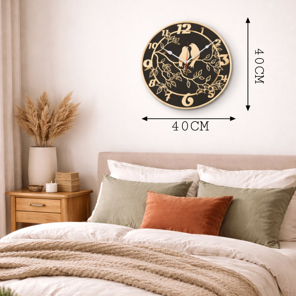 Two  Love Birds Wall Clock – Gold & Black Round Decorative Clock, 40 × 40 cm