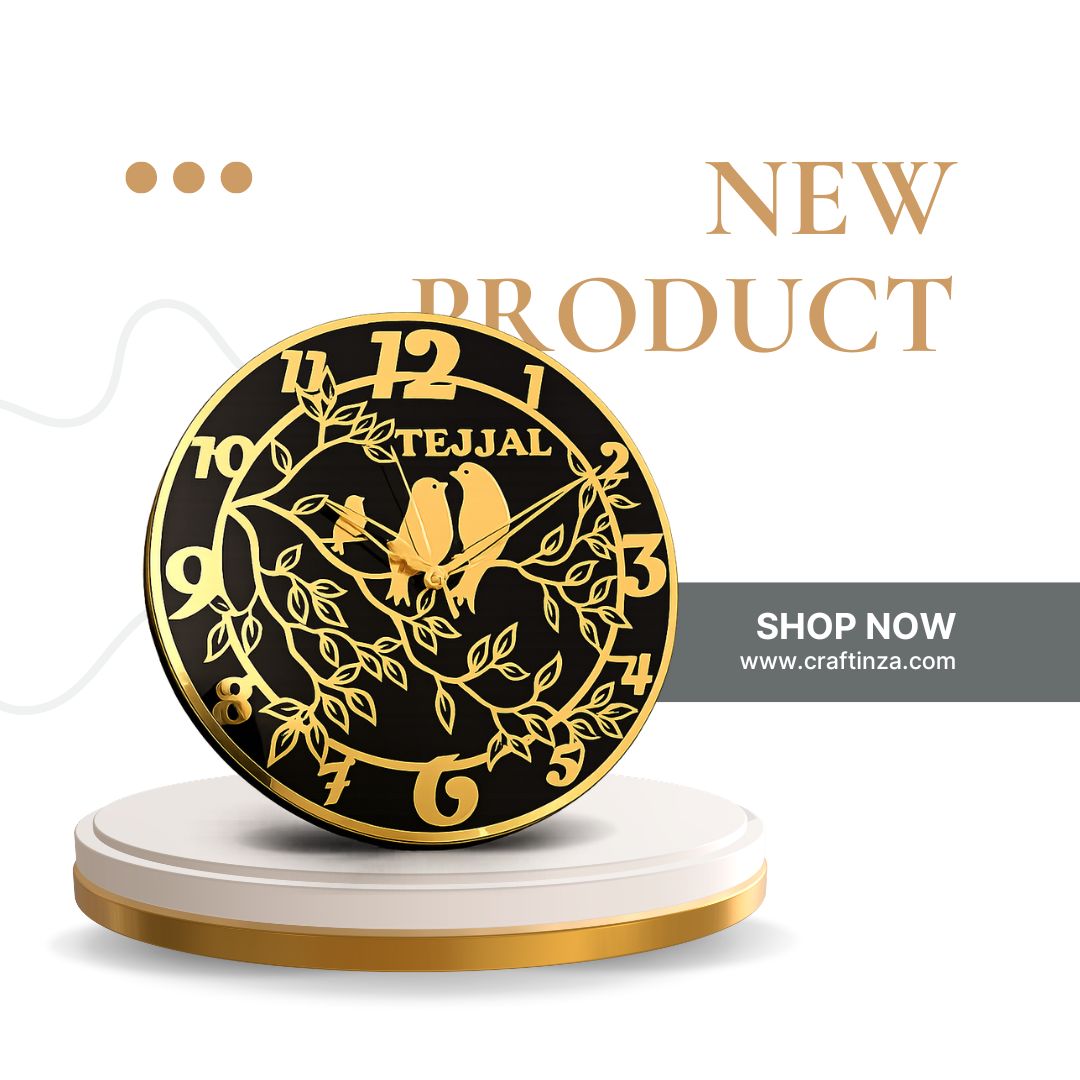 Personalized Black & Gold Designer Wall Clock with Birds