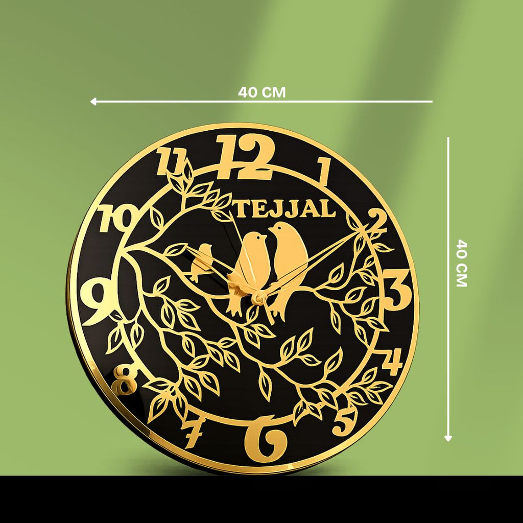 Personalized Black & Gold Designer Wall Clock with Birds
