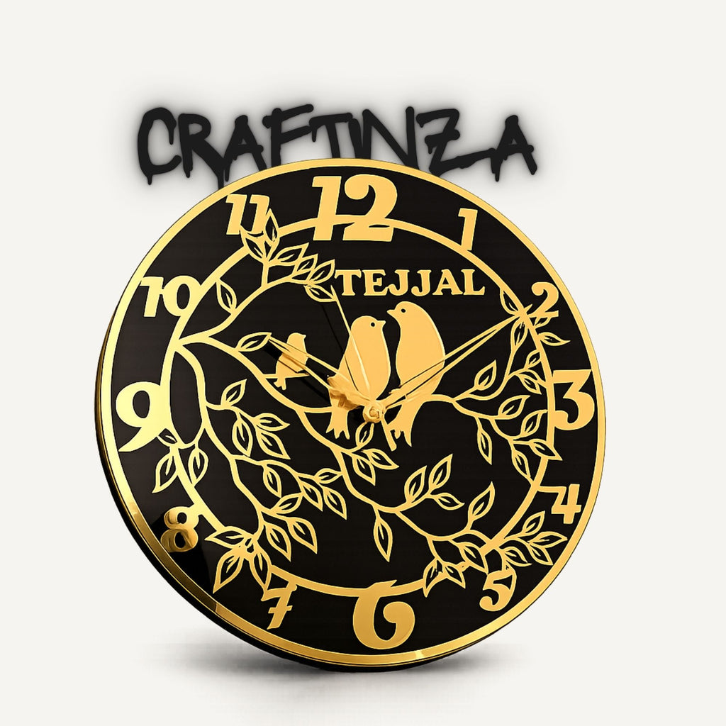 Personalized Black & Gold Designer Wall Clock with Birds