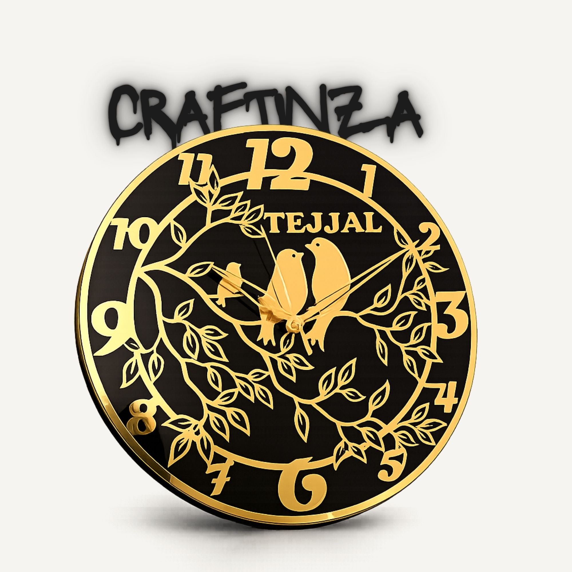 Personalized Black & Gold Designer Wall Clock with Birds