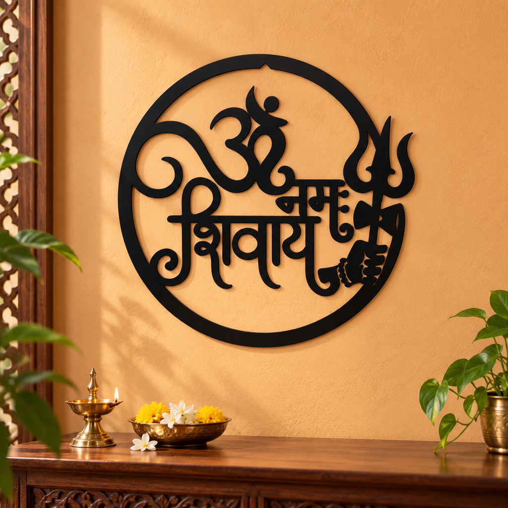 Om Namah Shivaya Wall Art – Black Round Trishul & Damru Décor, 40 × 40 cm