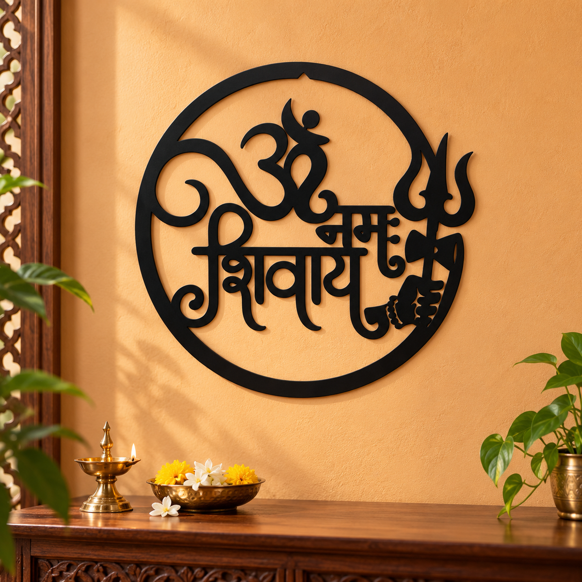 Om Namah Shivaya Wall Art – Black Round Trishul & Damru Décor, 40 × 40 cm