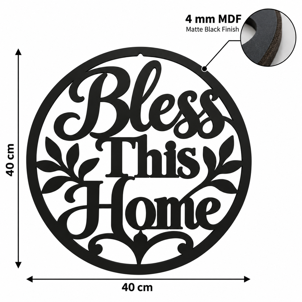 Bless This Home MDF Wall Art – Round Matte Black Décor, 40 × 40 cm