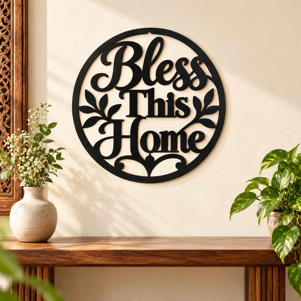 Bless This Home MDF Wall Art – Round Matte Black Décor, 40 × 40 cm