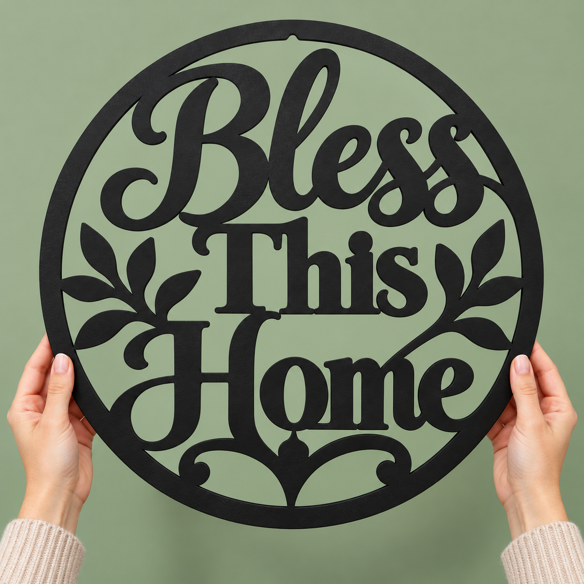 Bless This Home MDF Wall Art – Round Matte Black Décor, 40 × 40 cm