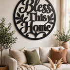 Bless This Home MDF Wall Art – Round Matte Black Décor, 40 × 40 cm