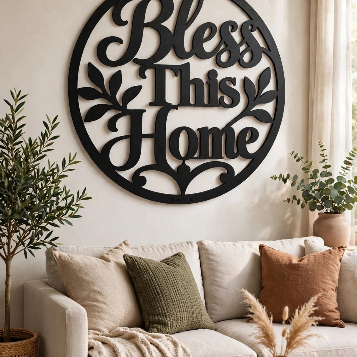 Bless This Home MDF Wall Art – Round Matte Black Décor, 40 × 40 cm