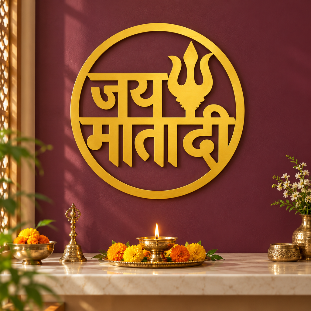 Jai Mata Di Round Wall Décor – Golden Trishul Design, 40 × 40 cm
