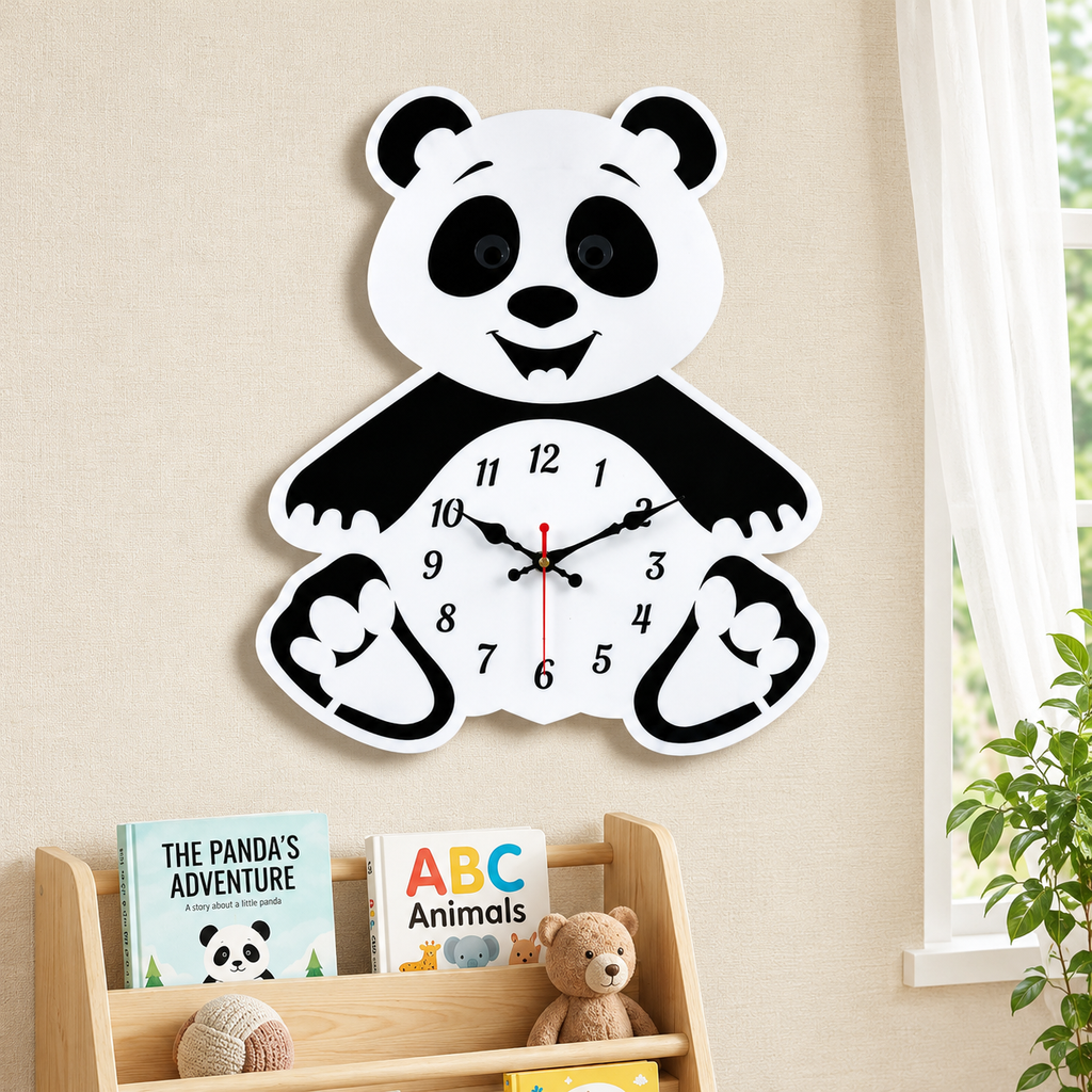Panda Acrylic Wall Clock for Kids Room – Black & White | 40 × 32 cm
