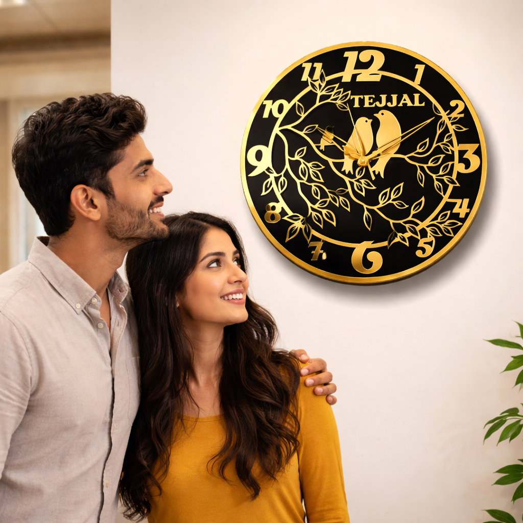 Personalized Black & Gold Designer Wall Clock with Birds