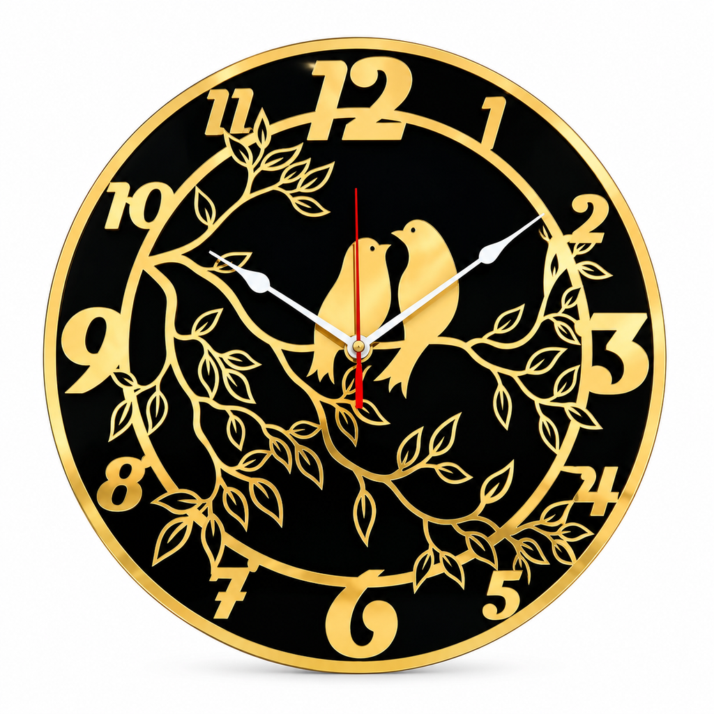 Two  Love Birds Wall Clock – Gold & Black Round Decorative Clock, 40 × 40 cm