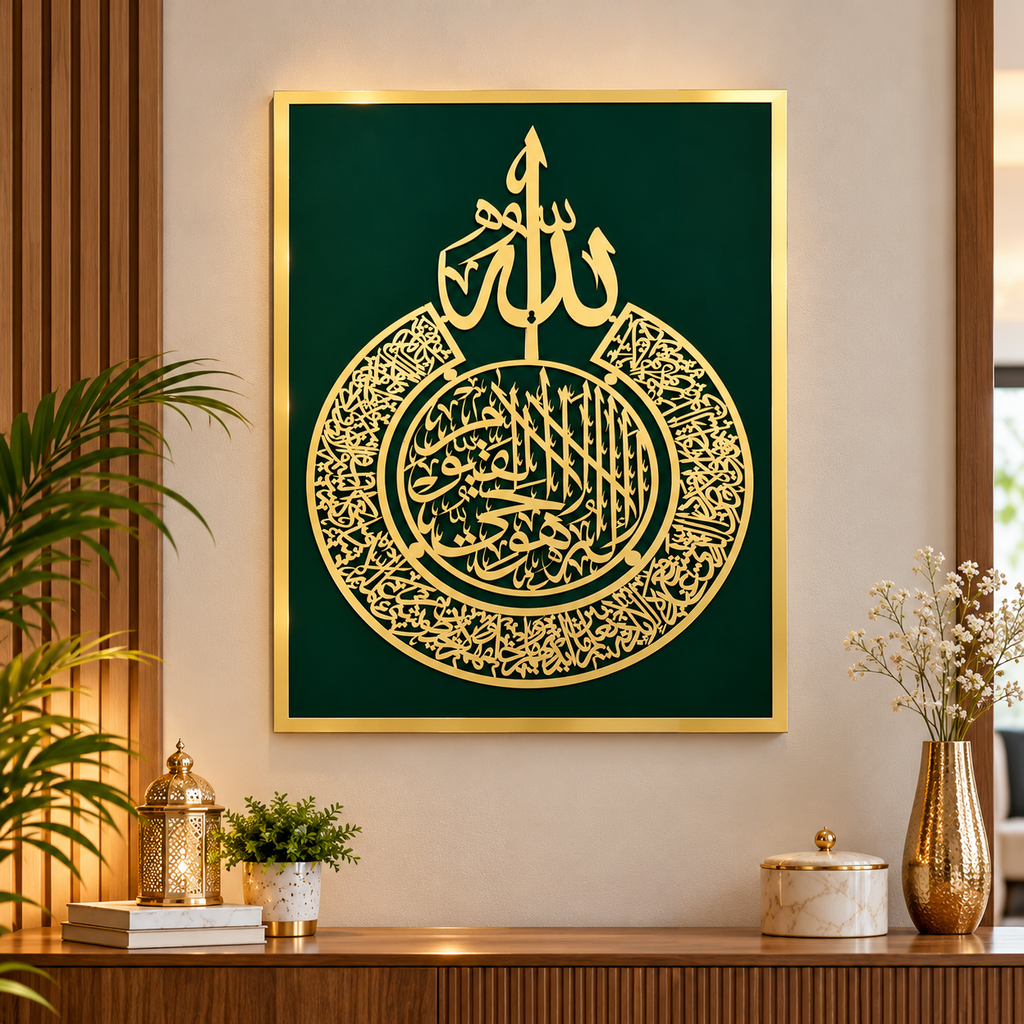 Ayatul-Kursi  Islamic Wall Art – Gold Arabic Calligraphy with Green Background  Size (54X40)