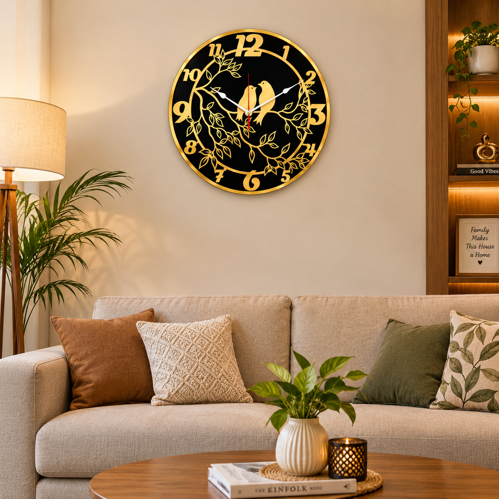 Two  Love Birds Wall Clock – Gold & Black Round Decorative Clock, 40 × 40 cm