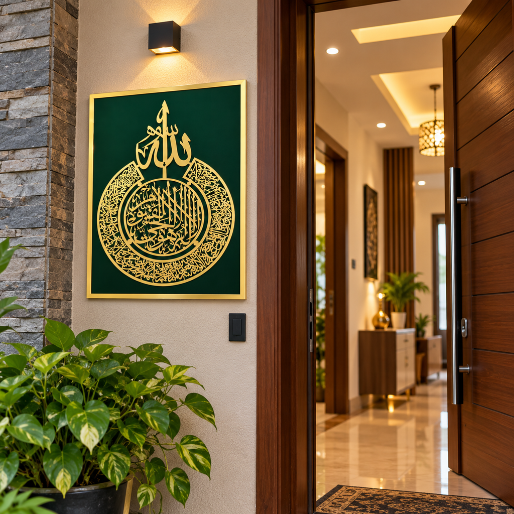 Ayatul-Kursi  Islamic Wall Art – Gold Arabic Calligraphy with Green Background  Size (54X40)