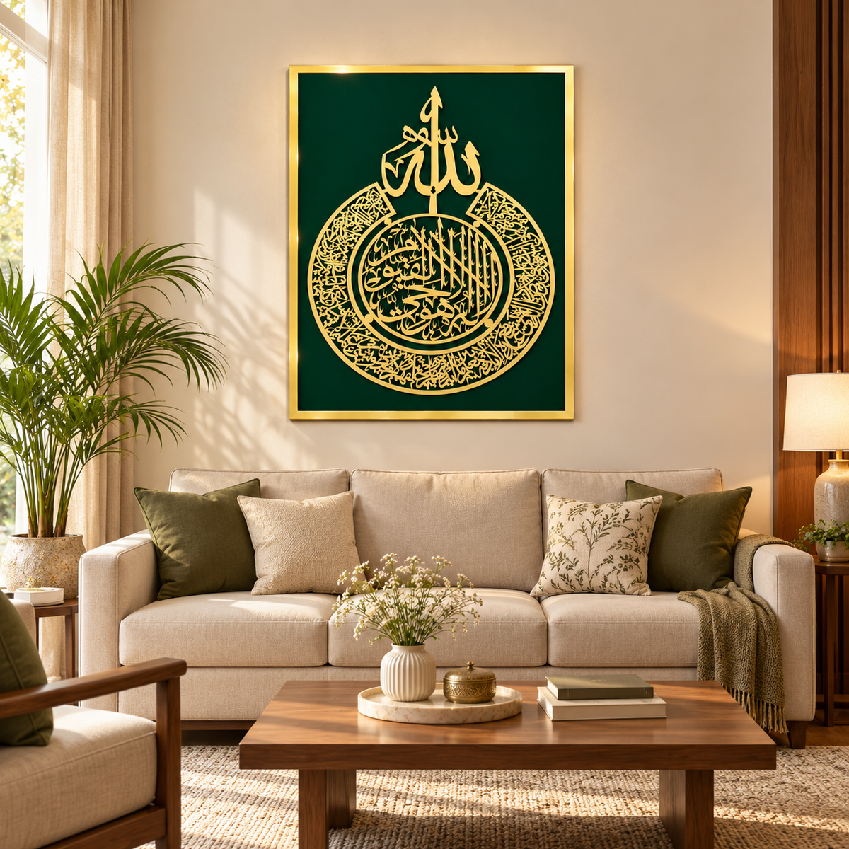 Ayatul-Kursi  Islamic Wall Art – Gold Arabic Calligraphy with Green Background  Size (54X40)