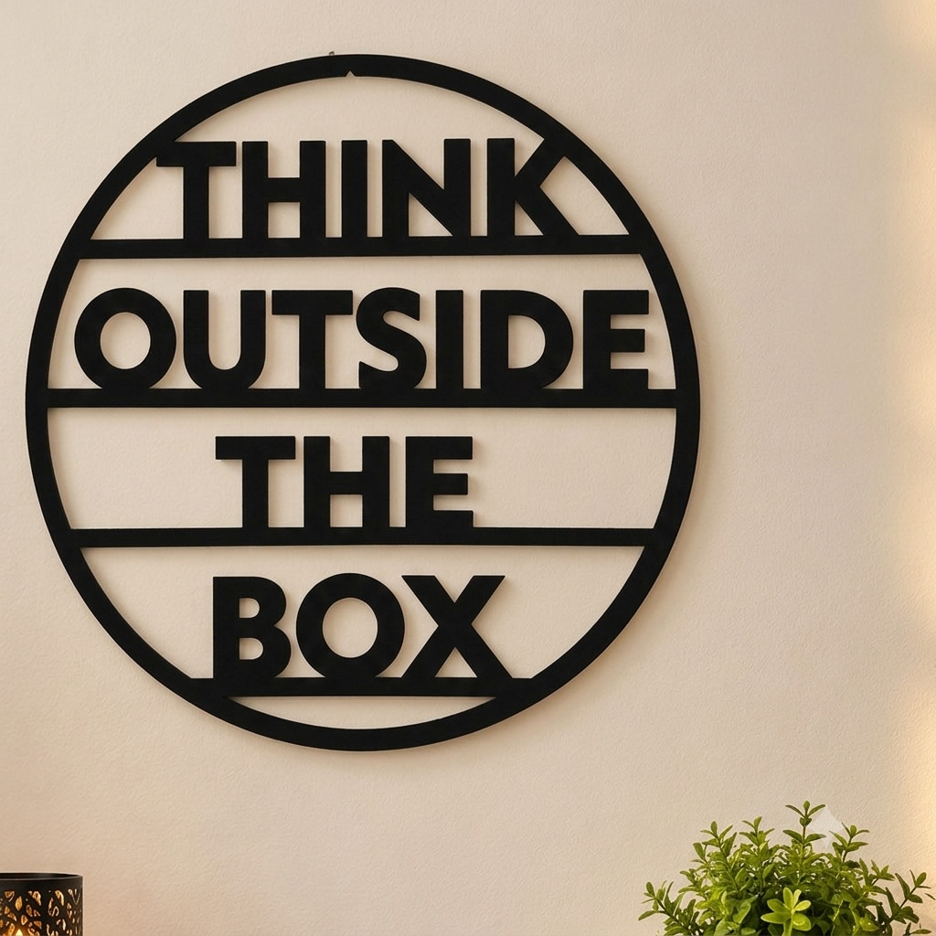 Think Outside The Box MDF Wall Decor – Black Round Motivational Wall Art, 40 × 40 cm