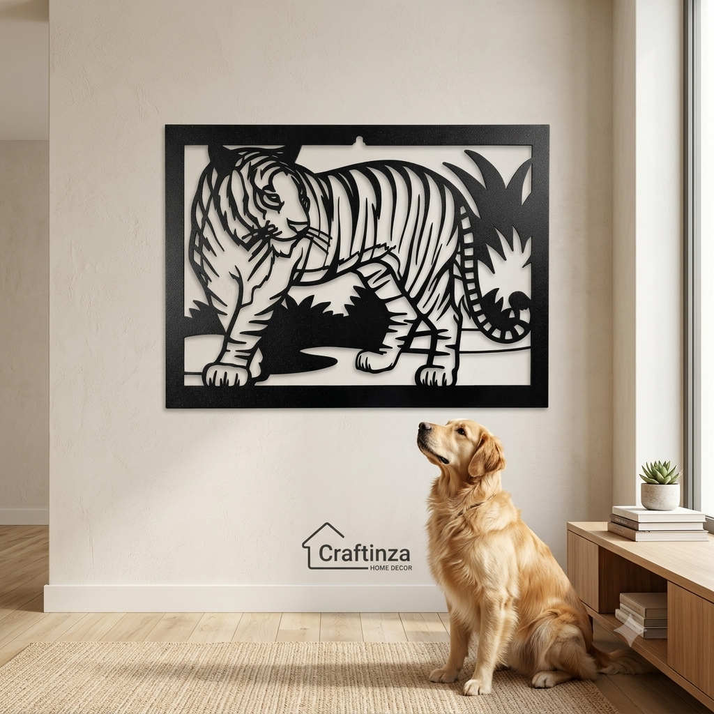 Modern 3D Tiger Animal Silhouette Cutout Wall Art – Black Wildlife Decor Frame for Living Room & Office