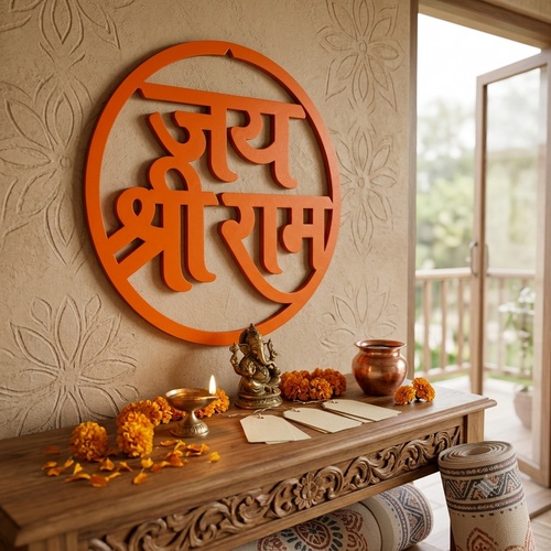 Jai Shri Ram MDF Wall Art – Orange Round Religious Décor, 40 × 40 cm