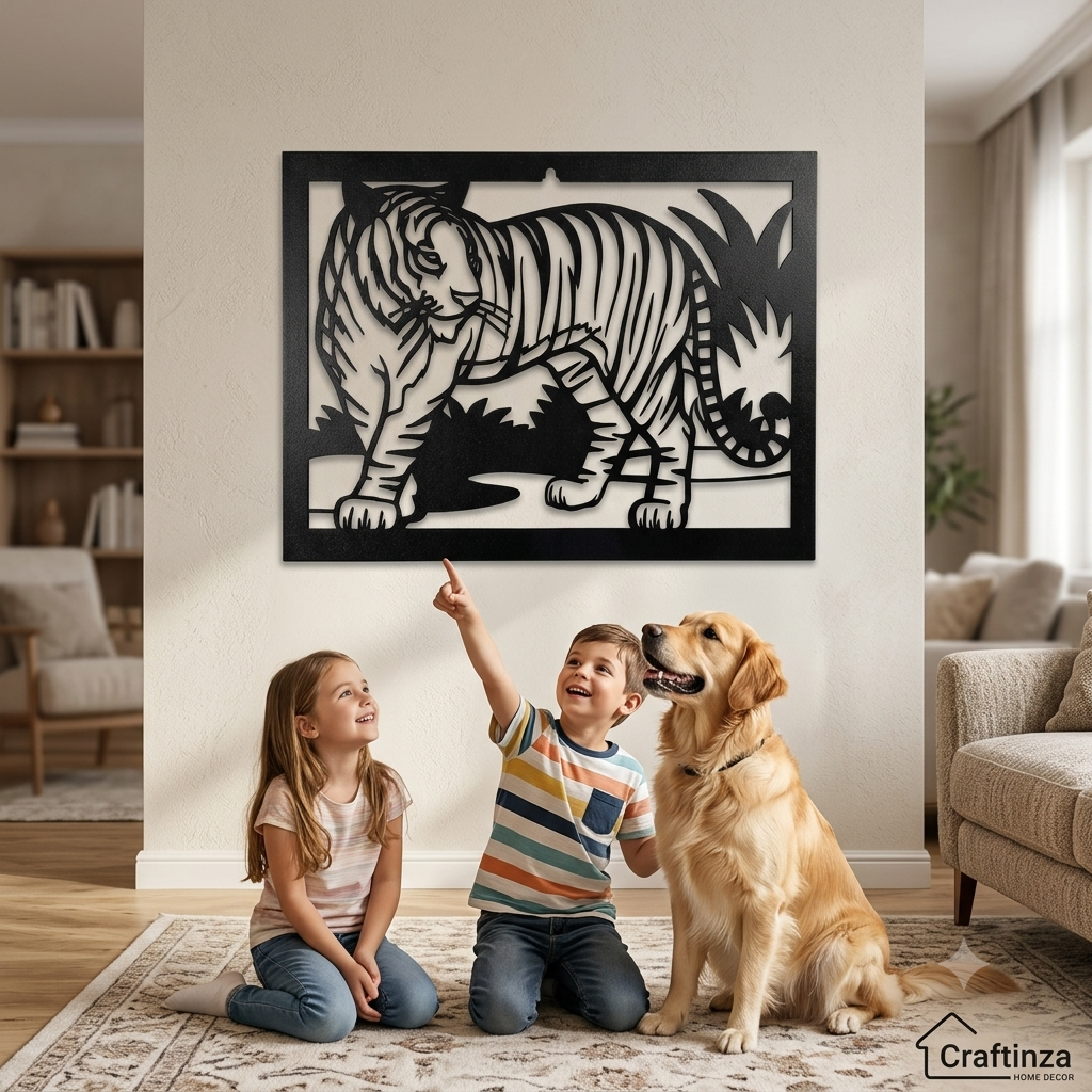 Modern 3D Tiger Animal Silhouette Cutout Wall Art – Black Wildlife Decor Frame for Living Room & Office