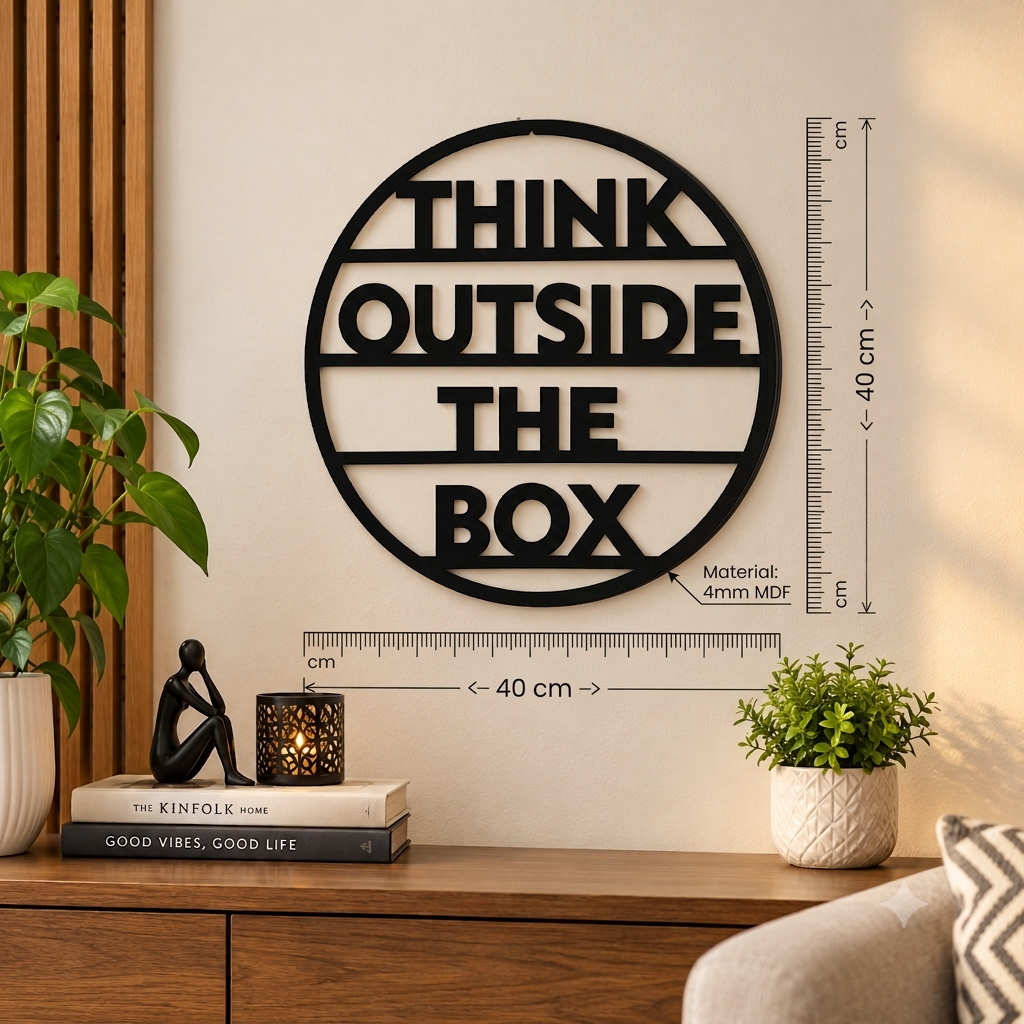 Think Outside The Box MDF Wall Decor – Black Round Motivational Wall Art, 40 × 40 cm