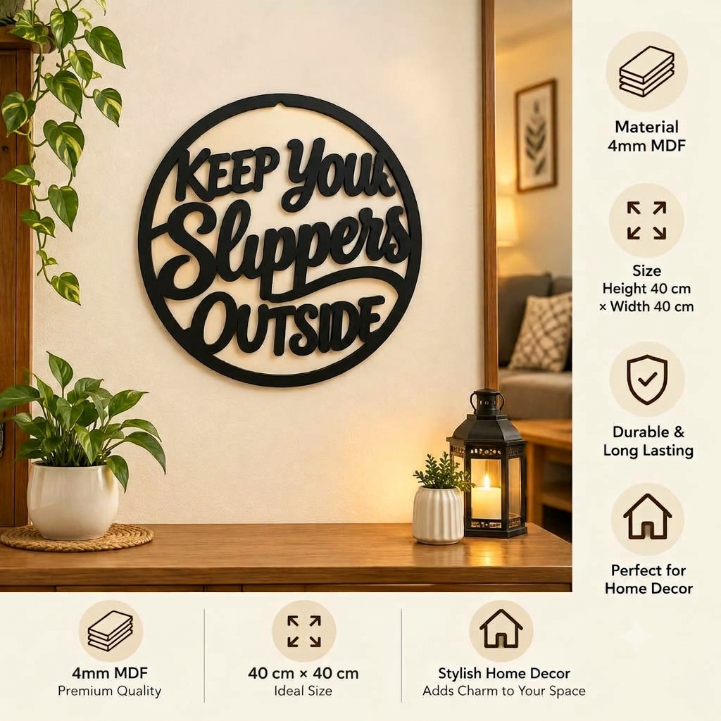 Keep Your Slippers Outside MDF Wall Sign – Black Round Entrance Décor, 40 × 40 cm