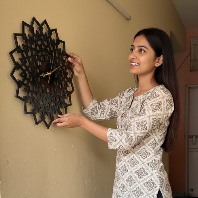 Geometric Mandala Laser Cut Wooden Wall Clock – Premium Black MDF Clock