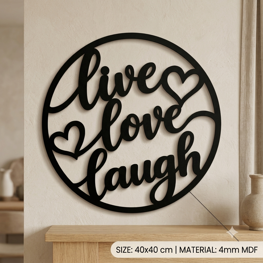 Live Love Laugh MDF Wall Art – Black Round Quote Décor with Hearts, 40 × 40 cm