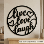 Live Love Laugh MDF Wall Art – Black Round Quote Décor with Hearts, 40 × 40 cm