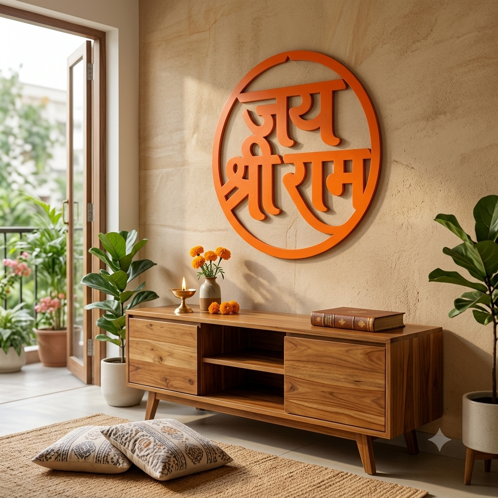 Jai Shri Ram MDF Wall Art – Orange Round Religious Décor, 40 × 40 cm