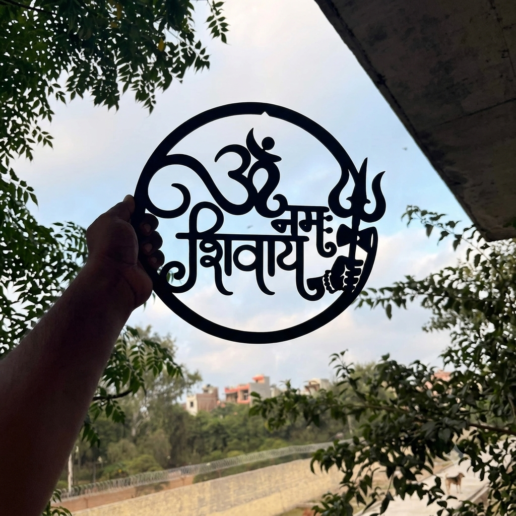 Om Namah Shivaya Wall Art – Black Round Trishul & Damru Décor, 40 × 40 cm