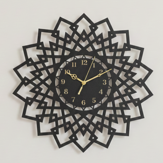 Geometric Mandala Laser Cut Wooden Wall Clock – Premium Black MDF Clock