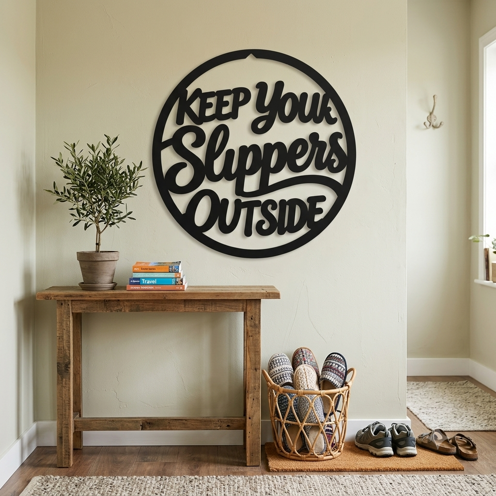 Keep Your Slippers Outside MDF Wall Sign – Black Round Entrance Décor, 40 × 40 cm