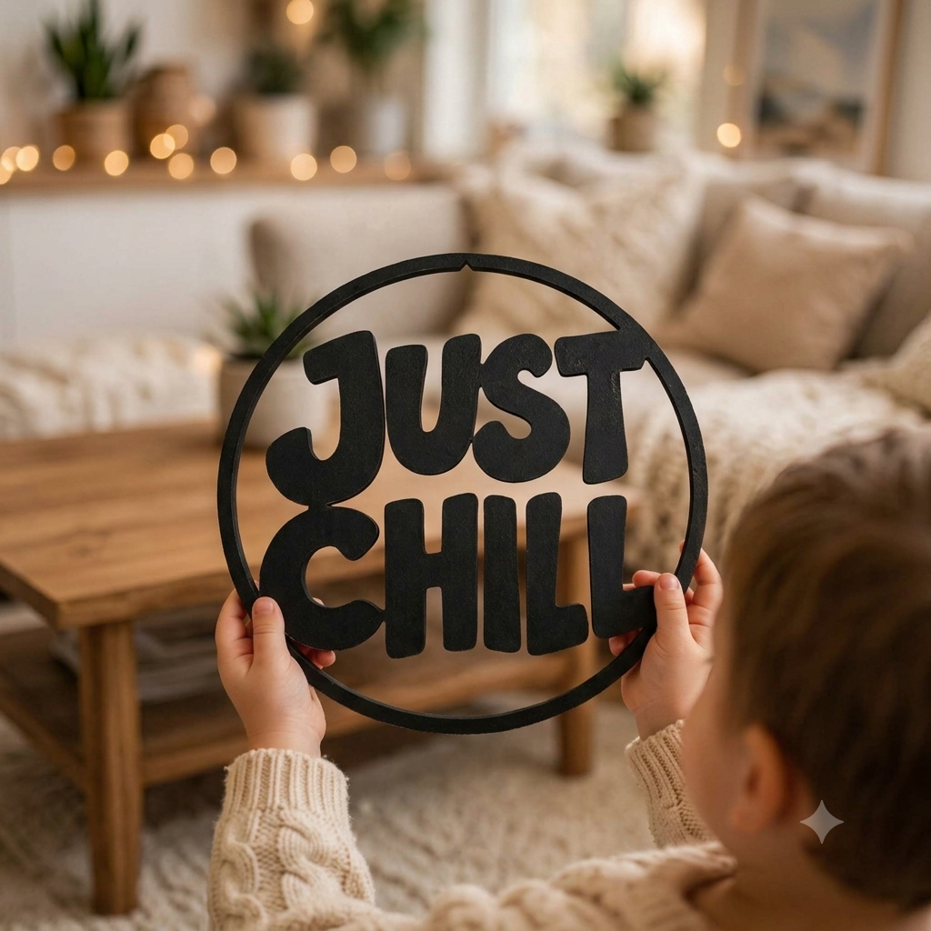 Just Chill MDF Wall Art – Black Round Quote Décor, 40 × 40 cm