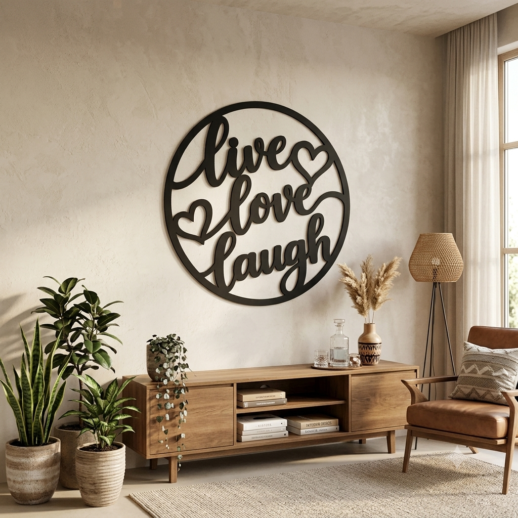 Live Love Laugh MDF Wall Art – Black Round Quote Décor with Hearts, 40 × 40 cm
