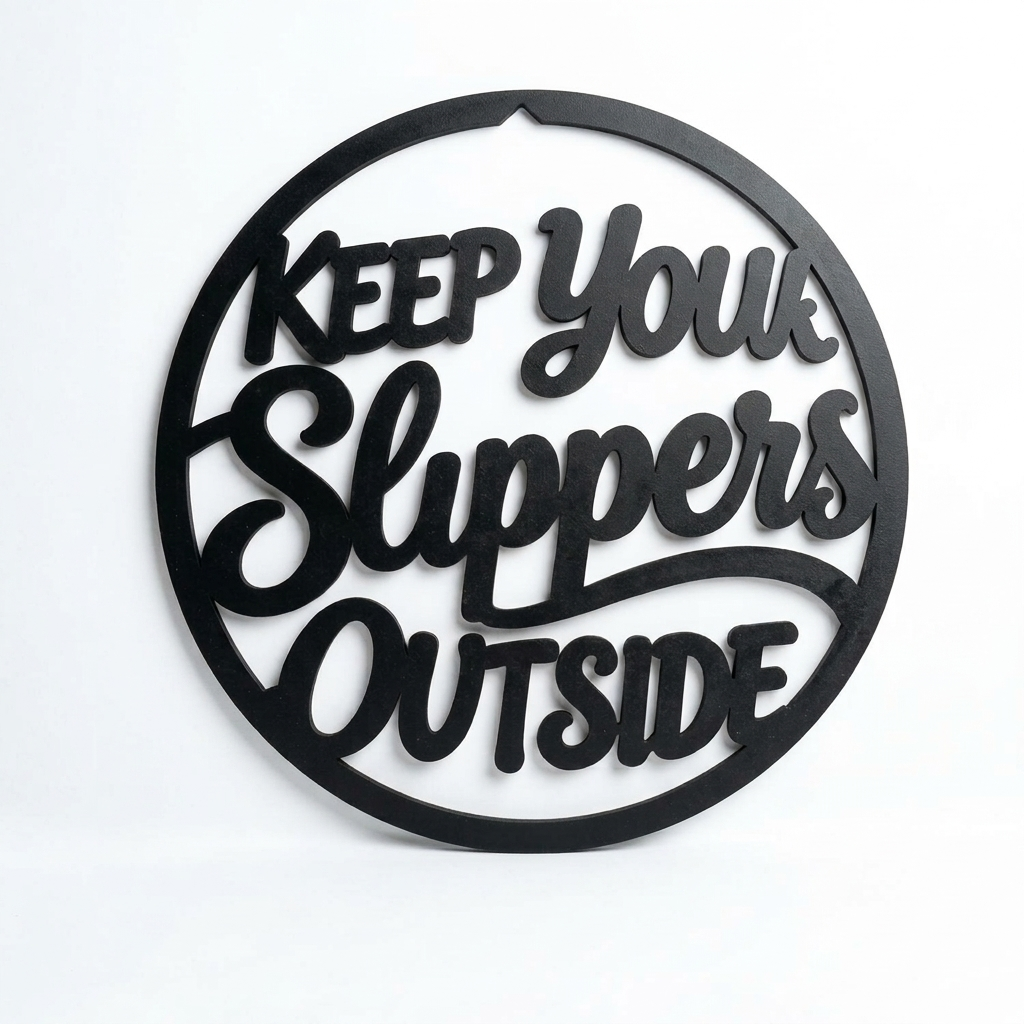 Keep Your Slippers Outside MDF Wall Sign – Black Round Entrance Décor, 40 × 40 cm