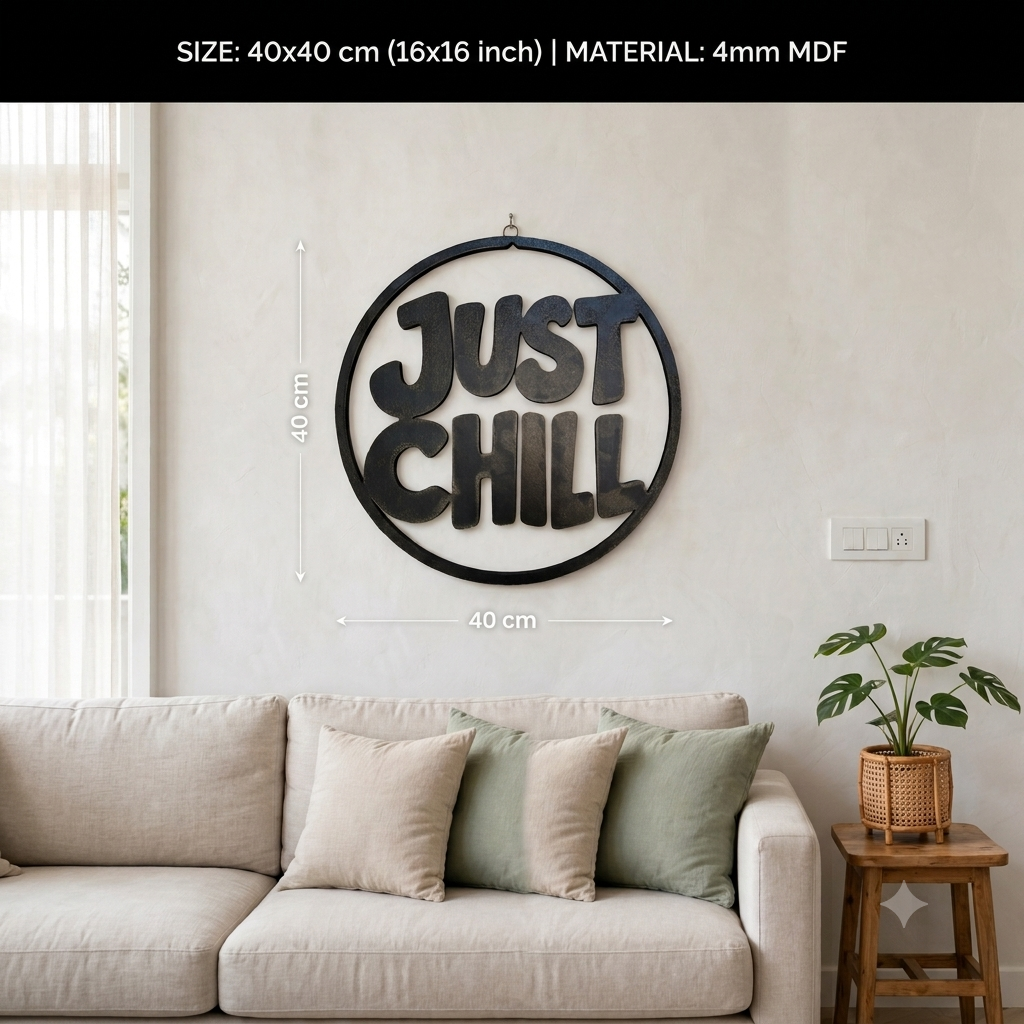 Just Chill MDF Wall Art – Black Round Quote Décor, 40 × 40 cm