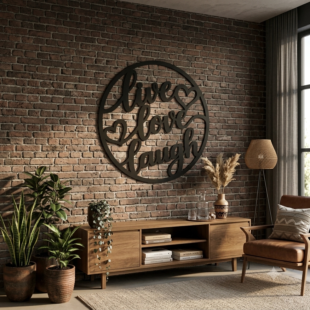 Live Love Laugh MDF Wall Art – Black Round Quote Décor with Hearts, 40 × 40 cm