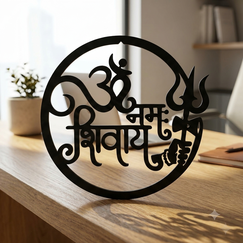 Om Namah Shivaya Wall Art – Black Round Trishul & Damru Décor, 40 × 40 cm