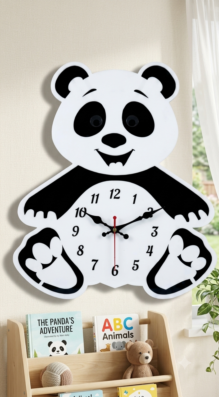 Panda Acrylic Wall Clock for Kids Room – Black & White | 40 × 32 cm