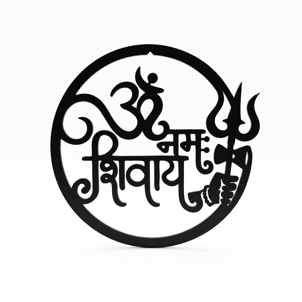 Om Namah Shivaya Wall Art – Black Round Trishul & Damru Décor, 40 × 40 cm