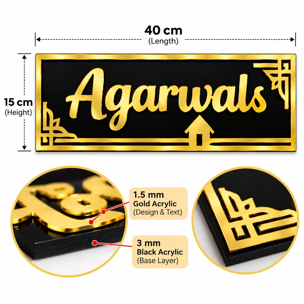 Personalized Acrylic Name Plate – Gold & Black Home Door Sign, 40 × 15 cm