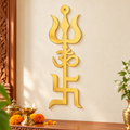 Gold Trishul Om Swastik Wall Decor for Home Mandir | Acrylic & MDF | 60 × 18 cm