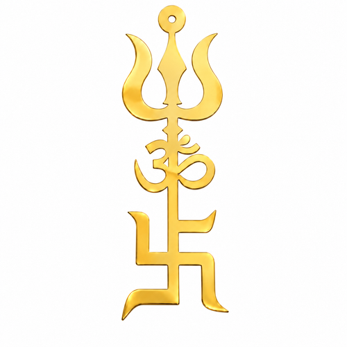 Gold Trishul Om Swastik Wall Decor for Home Mandir | Acrylic & MDF | 60 × 18 cm