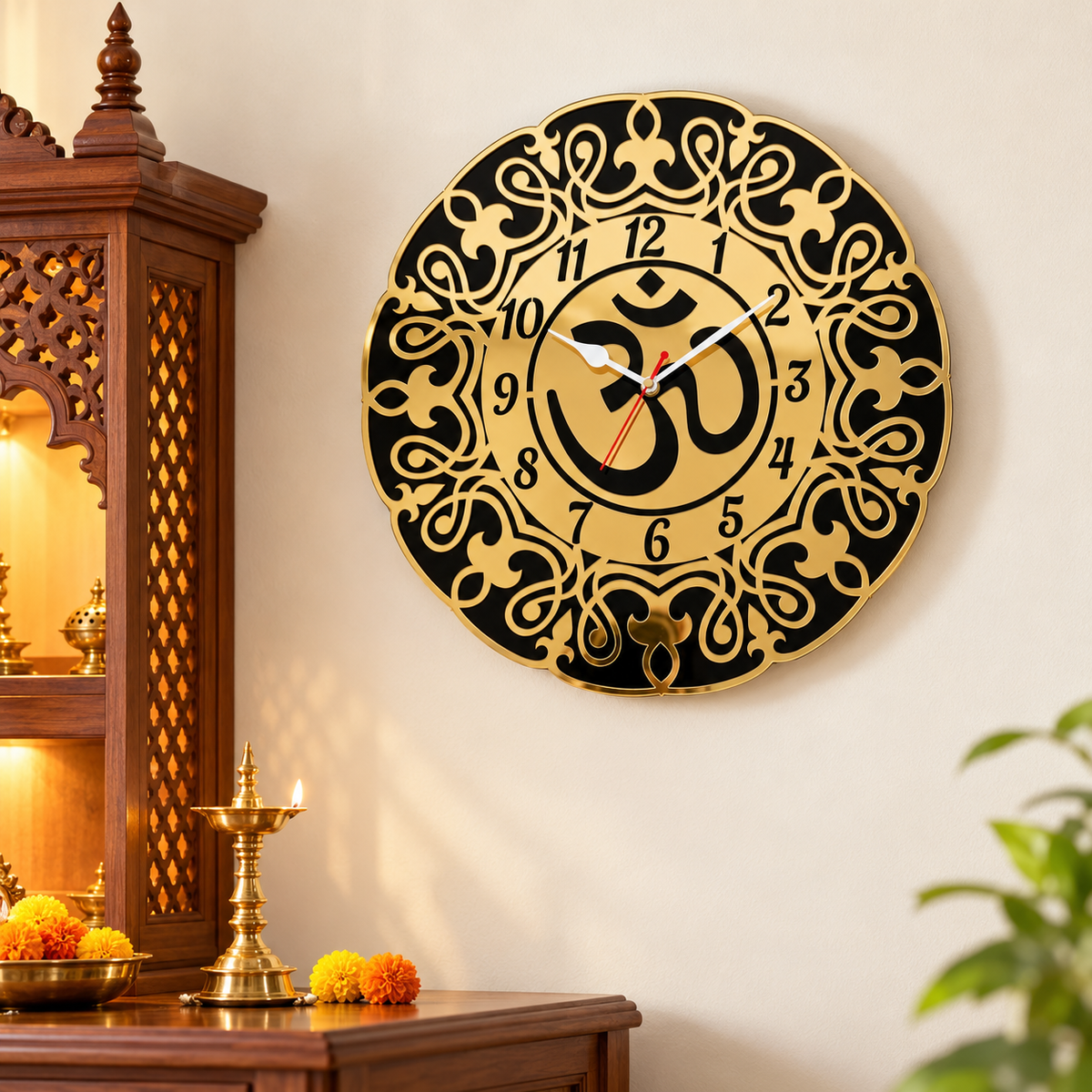 Premium Om Designer Wall Clock – Shiny Gold & Black Acrylic Religious Wall Decor for Living Room