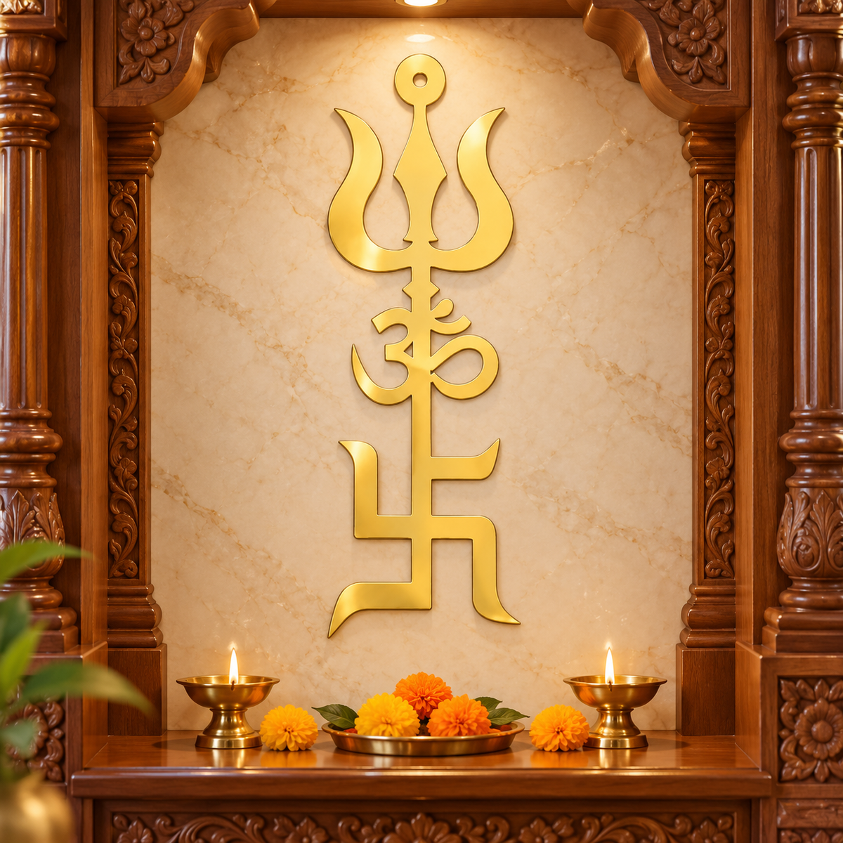 Gold Trishul Om Swastik Wall Decor for Home Mandir | Acrylic & MDF | 60 × 18 cm