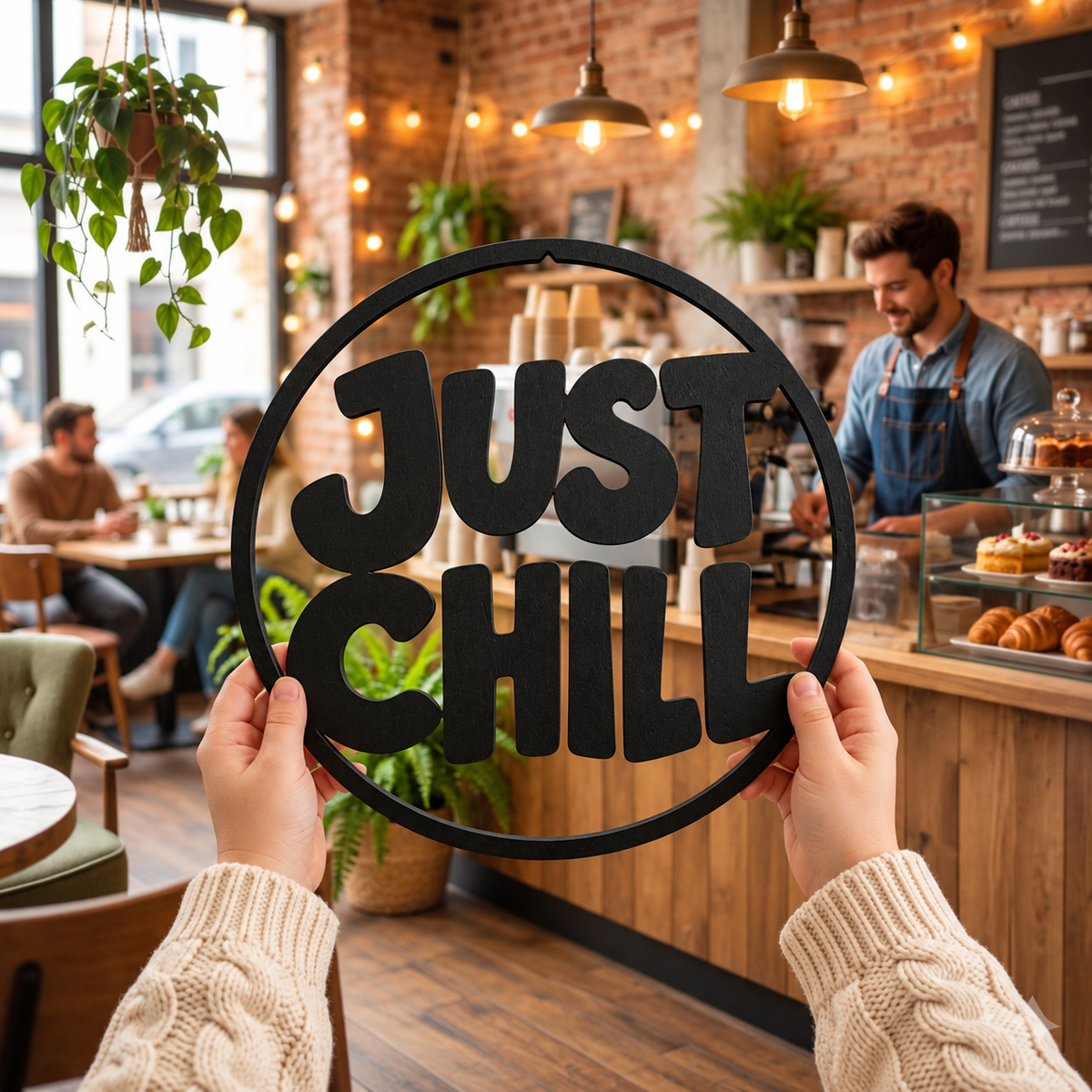 Just Chill MDF Wall Art – Black Round Quote Décor, 40 × 40 cm